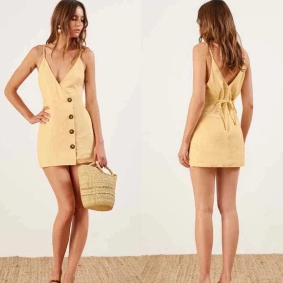 Reformation Cayman Linen Button Down Mini Tank Dress In Yellow Women's Size L - Picture 1 of 11